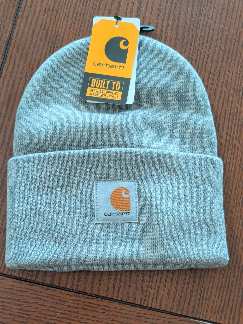 Carhartt Light Gray Cuffed Knit Beanie with Orange Logo Patch